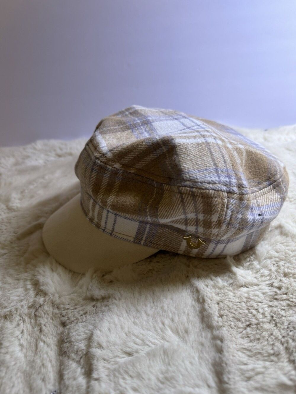 True Religion Newsboy Flat Cap Plaid Suede Logo Y2K Style Cream Brown New